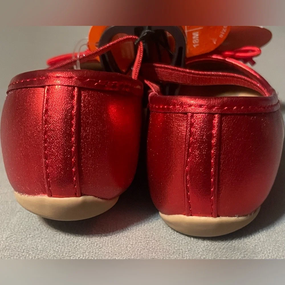 NWT Wonder Nation Baby Girl Red Metallic Mary Jane Flats Bow Shoes Size 4 Infant